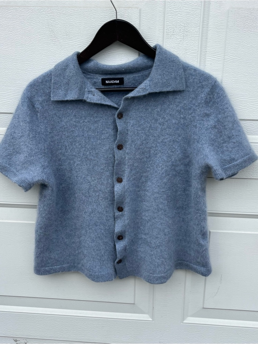 Women's NAADAM Heather Blue Short-Sleeve Button-Front cashmere sweater L